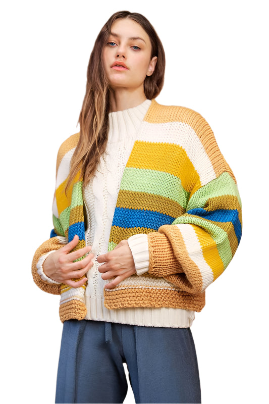 TEEK - Camel Multicolor Contrast Striped Open Front Lantern Sleeve Cardigan SWEATER TEEK Trend S