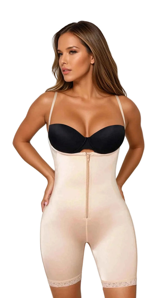Open Bust Full Body Suit MIid-Thigh w/Front Zipper & Lace
