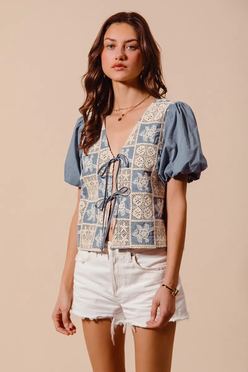 TEEK - Denim Blue Crochet Lace Tie Front V Neck Blouse Top TOPS TEEK Trend