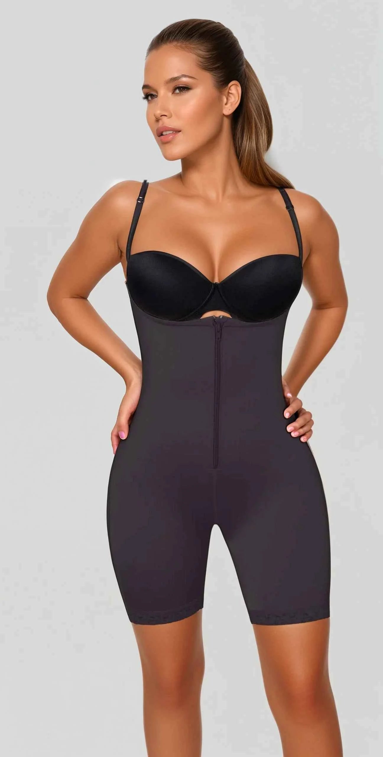 Open Bust Full Body Suit MIid-Thigh w/Front Zipper & Lace