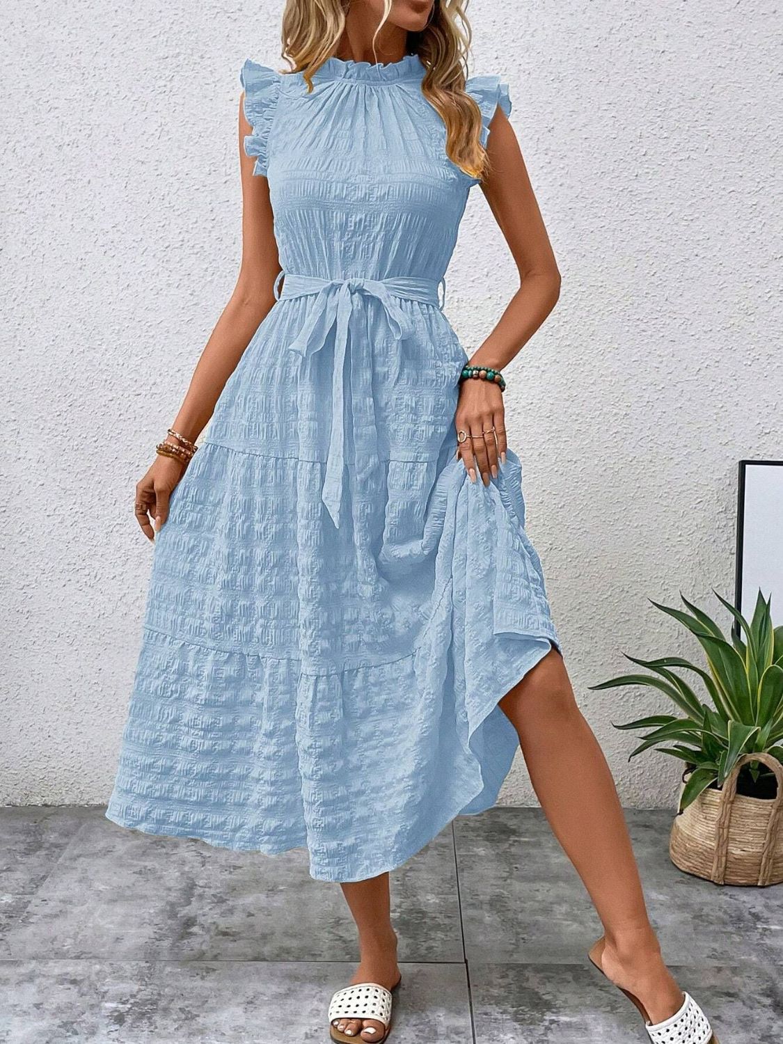 TEEK - Tied Ruffled Cap Sleeve Belted Dress DRESS TEEK Trend Mint Blue S 