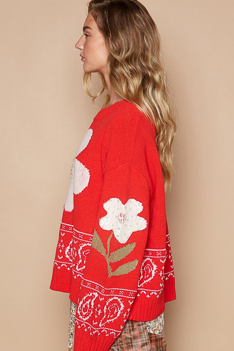 TEEK - Red Flower Lace Patch Long Sleeve Sweater TOPS TEEK Trend