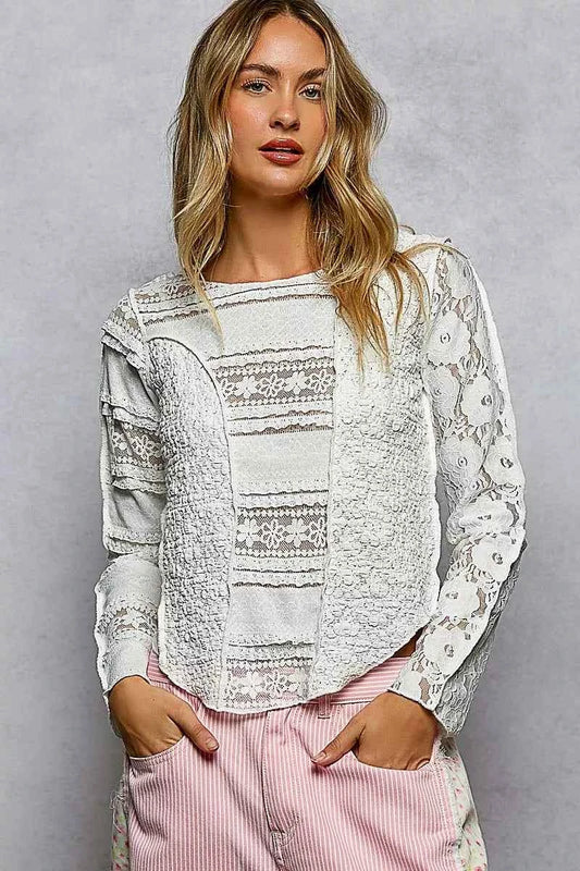 TEEK - Round Neck Long Sleeve Exposed Seam Top with Lace Detail TOPS TEEK Trend