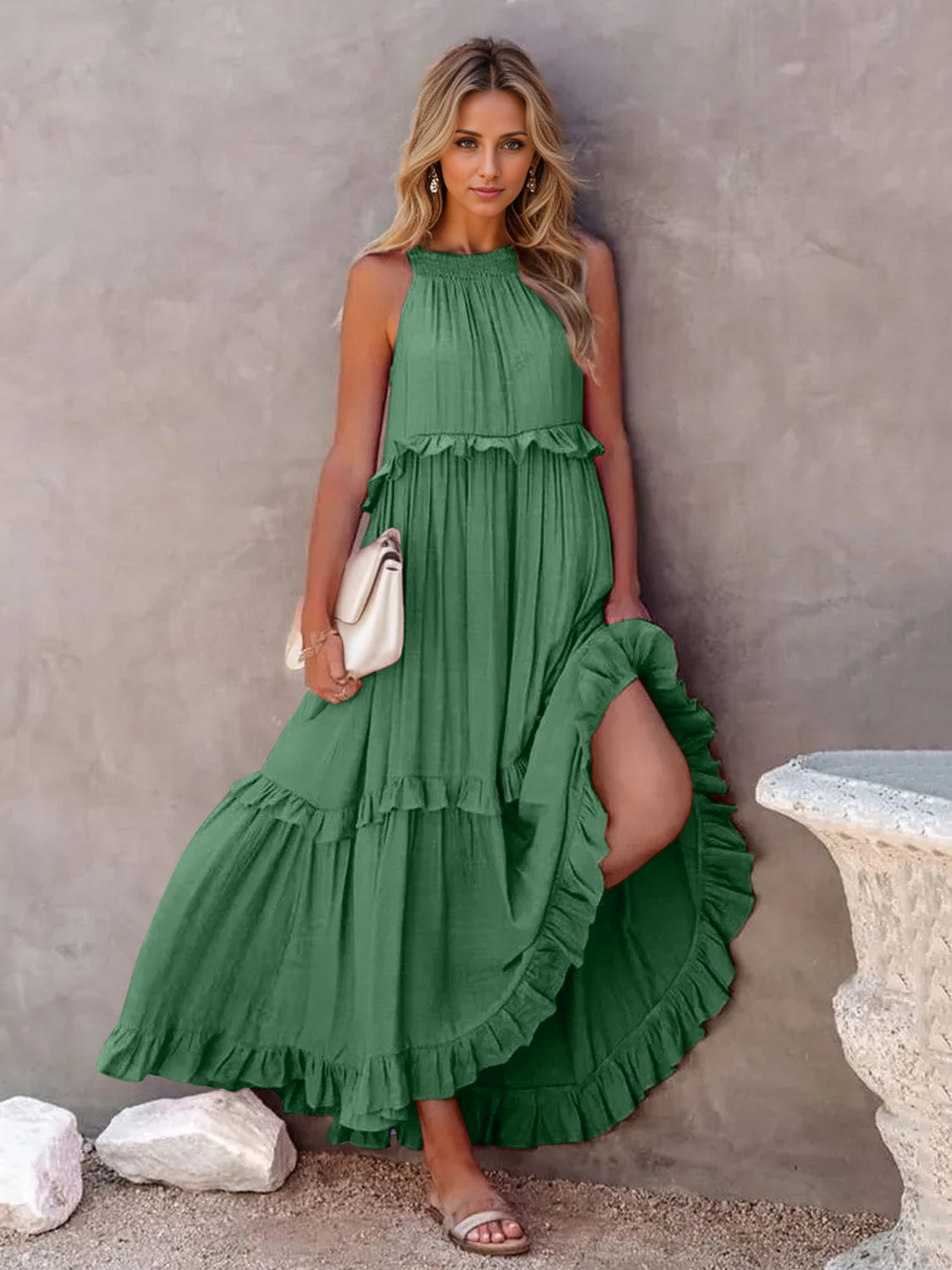 TEEK - Ruffled Sleeveless Tiered Pocketed Dress DRESS TEEK Trend Dark Green S 