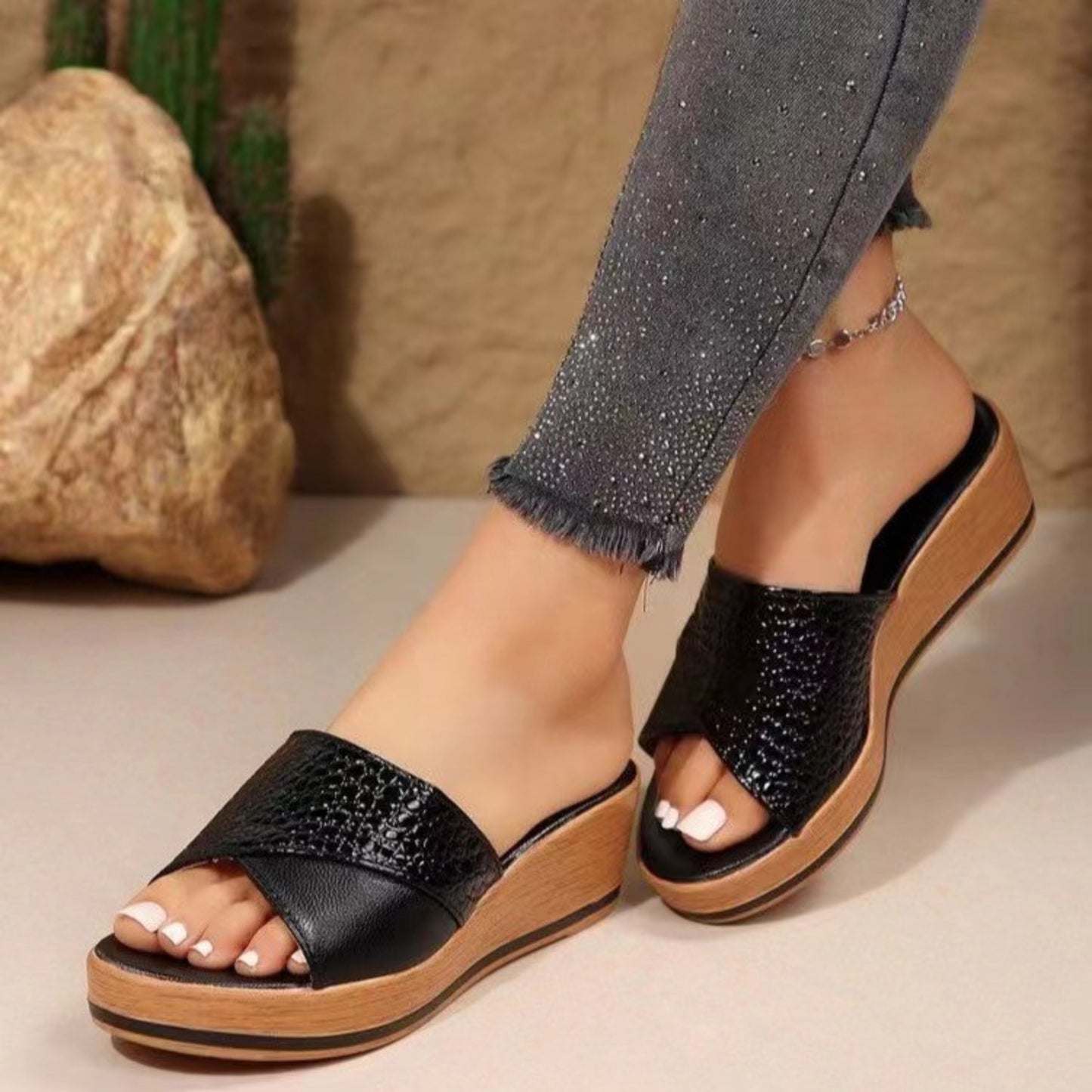 TEEK - PU Leather Open Toe Sandals SHOES TEEK Trend Black US 5 