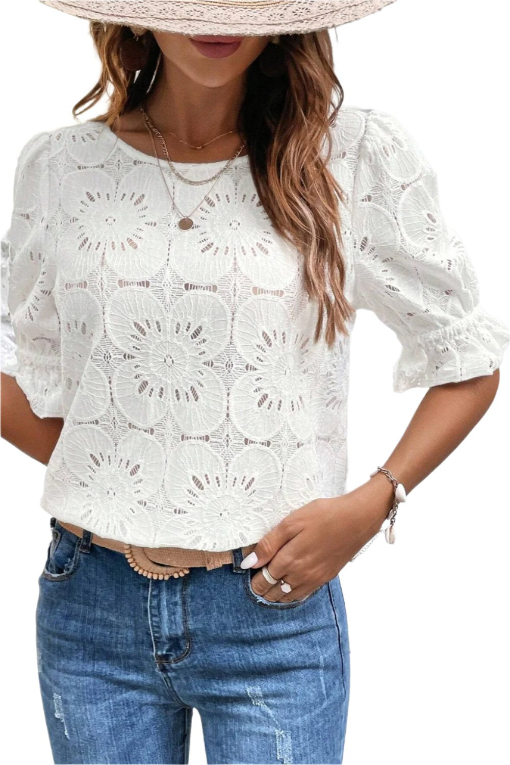 TEEK - White Floral Ruffle Flounce Sleeve Blouse TOPS TEEK Trend S  