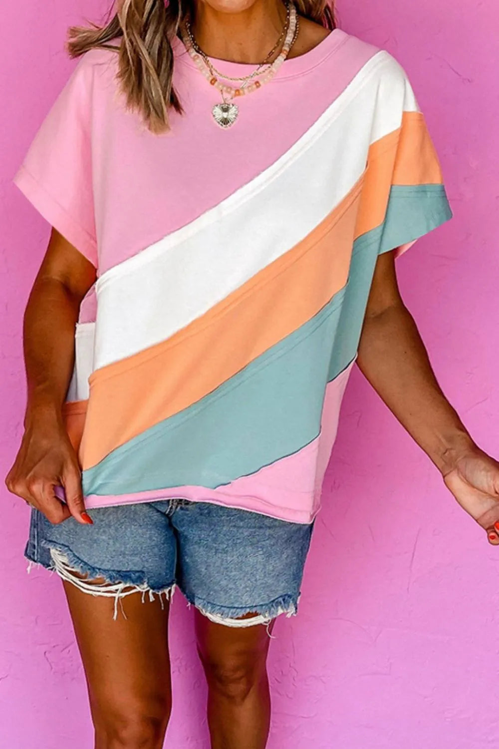 TEEK - Multicolor Block Round Neck Short Sleeve T Shirt TOPS TEEK Trend