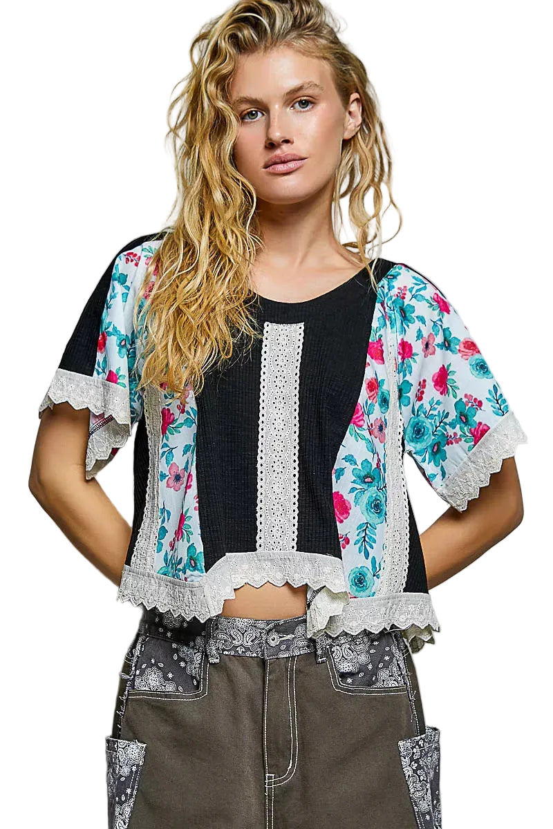 POL Round Neck Ribbed Cropped Top with Lace Detail Trendsi BLACK S