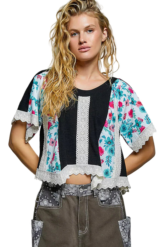POL Round Neck Ribbed Cropped Top with Lace Detail Trendsi BLACK S