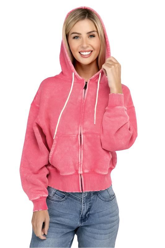 TEEK - Acid Wash Fleece Cropped Zip-Up Hoodie JACKET TEEK FG   