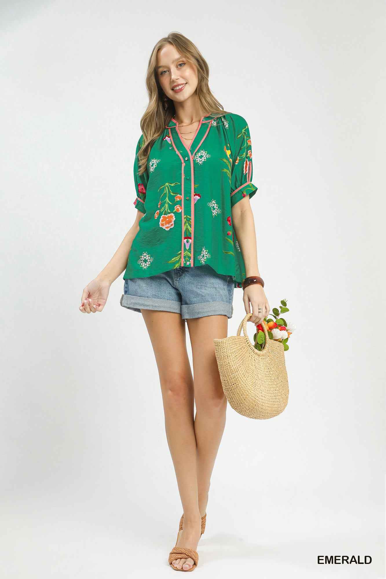 Umgee Botanical Print Contrast Trim Button Blouse Trendsi
