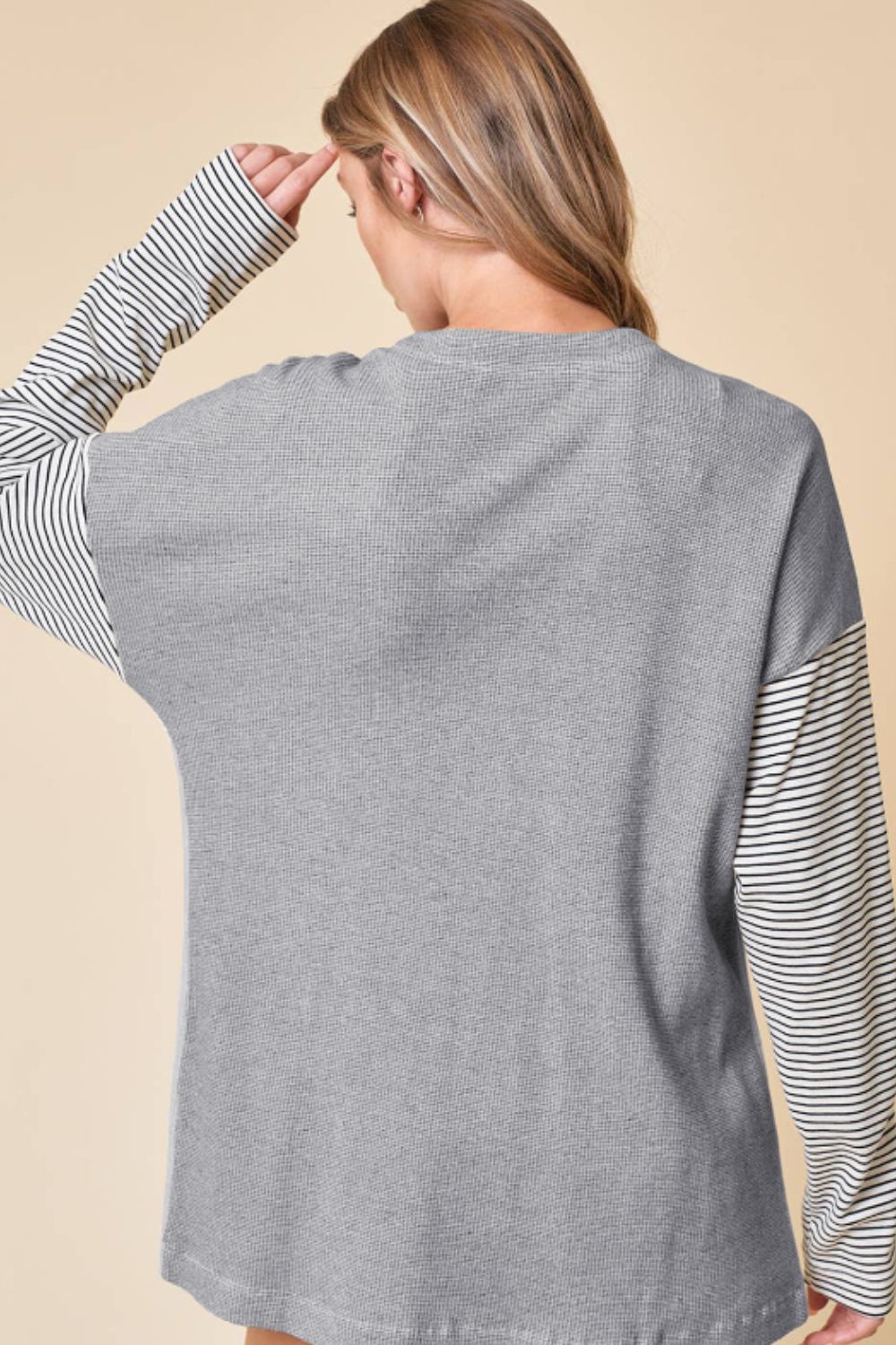 TEEK - Light Grey Open Front Long Sleeve Striped Pocketed Cardigan SWEATER TEEK Trend