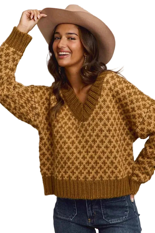 TEEK - Color Block Textured Sweater V-Neck Top TOPS TEEK Trend