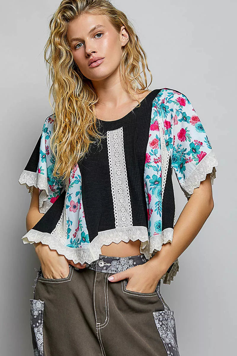 POL Round Neck Ribbed Cropped Top with Lace Detail Trendsi