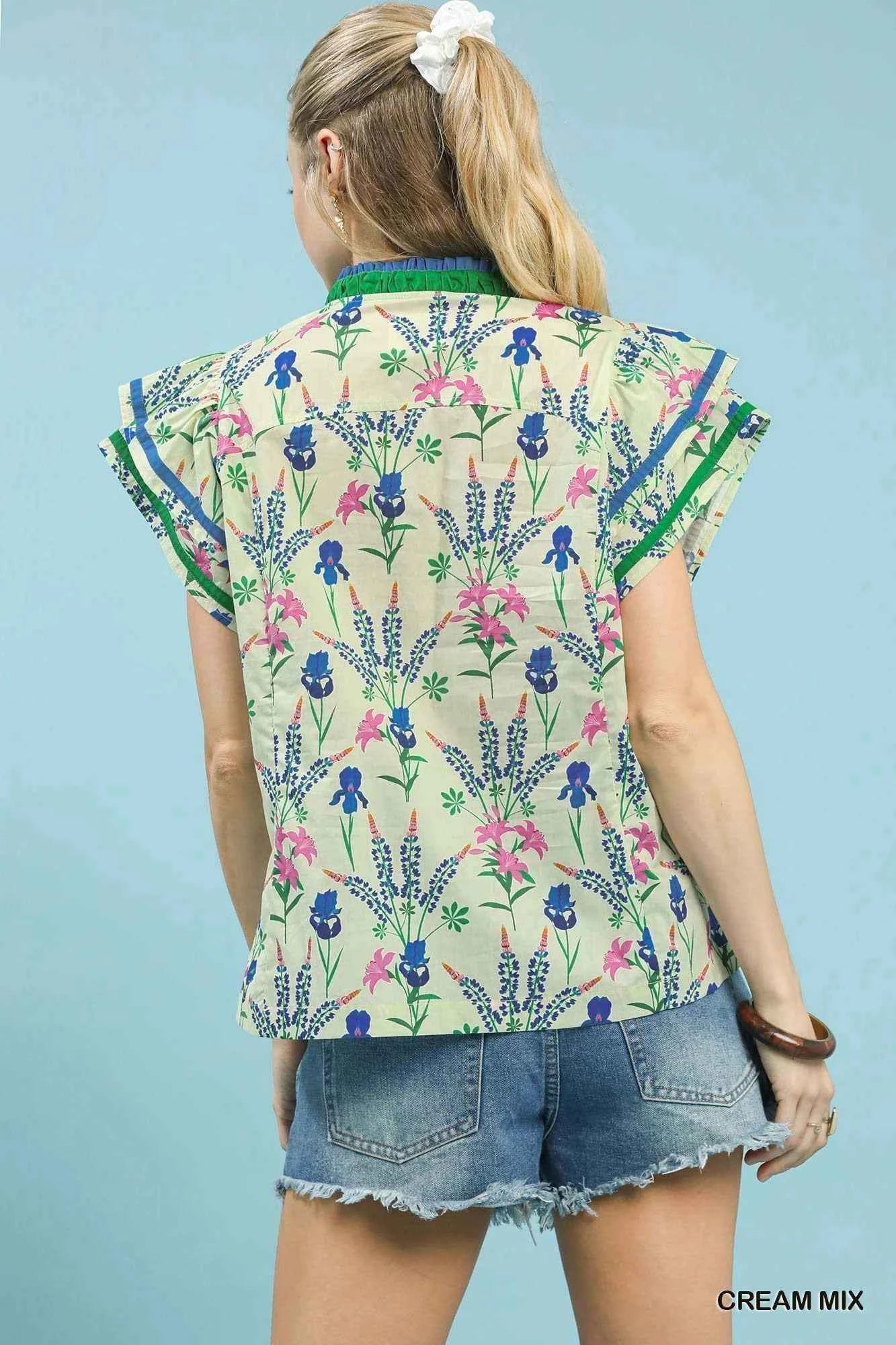 Umgee Mix Floral Print Blouse with Contrast Trim Trendsi