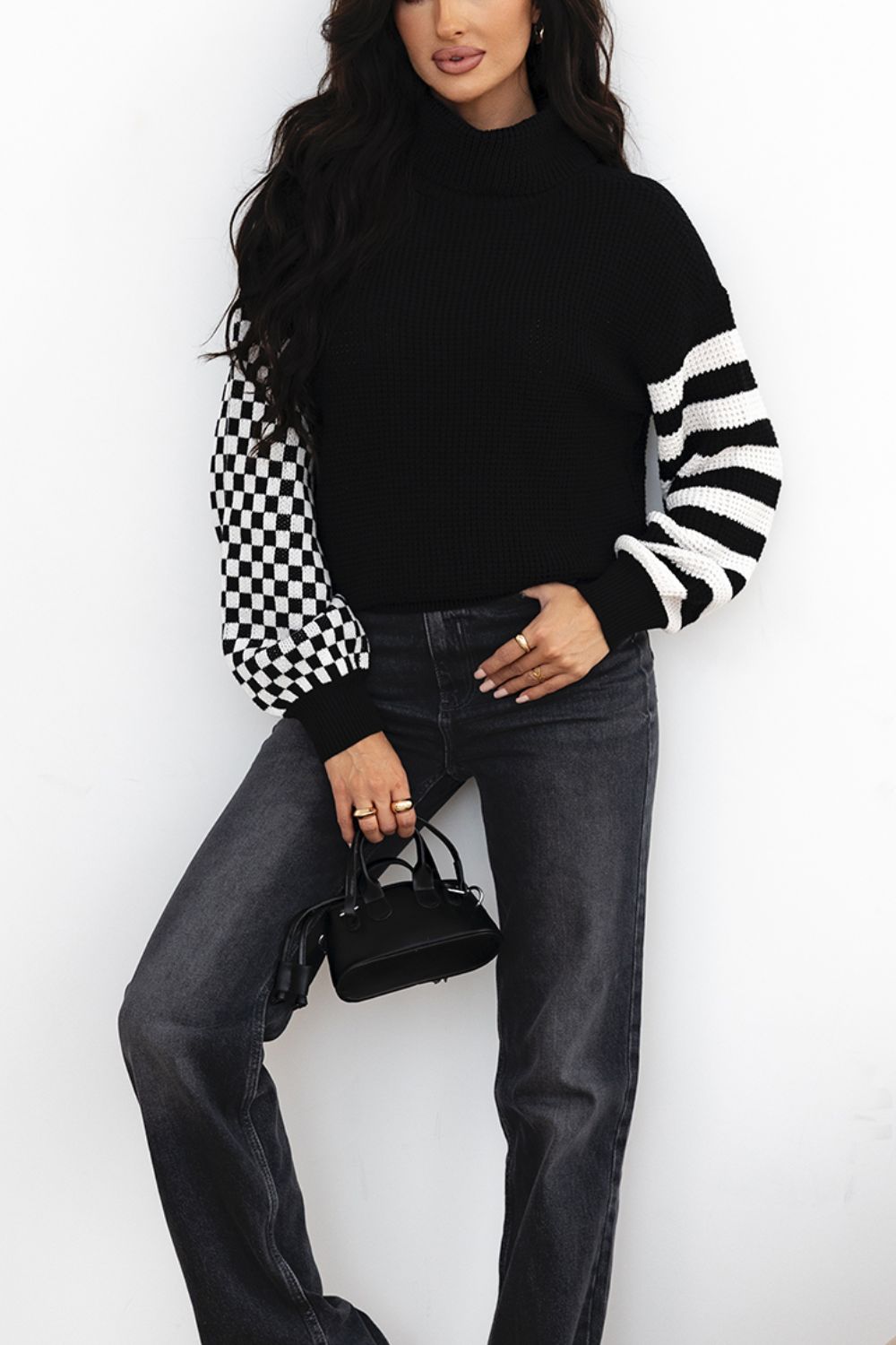 TEEK - Striped & Checkered Turtleneck Dropped Shoulder Sweater TOPS TEEK Trend