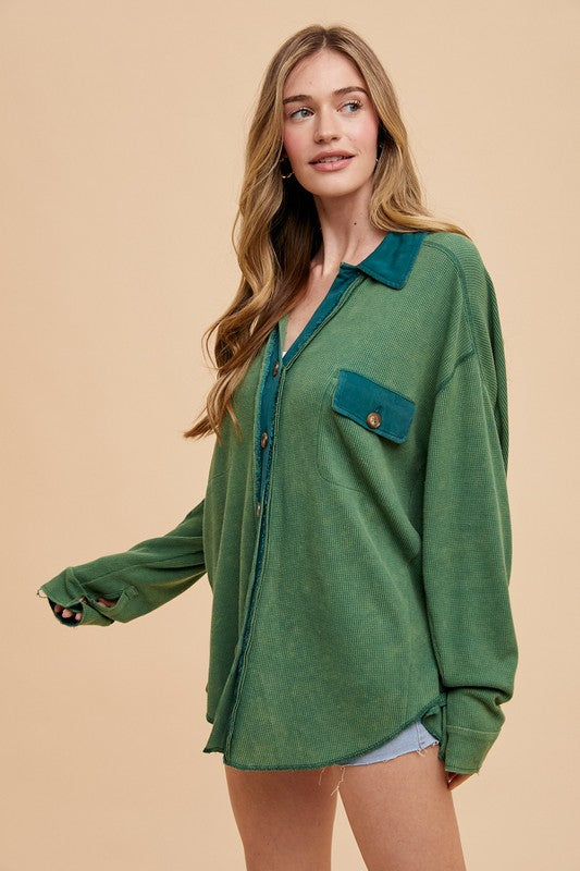 TEEK - Dark Green Waffle-Knit Mineral Washed Button Down Shirt TOPS TEEK Trend