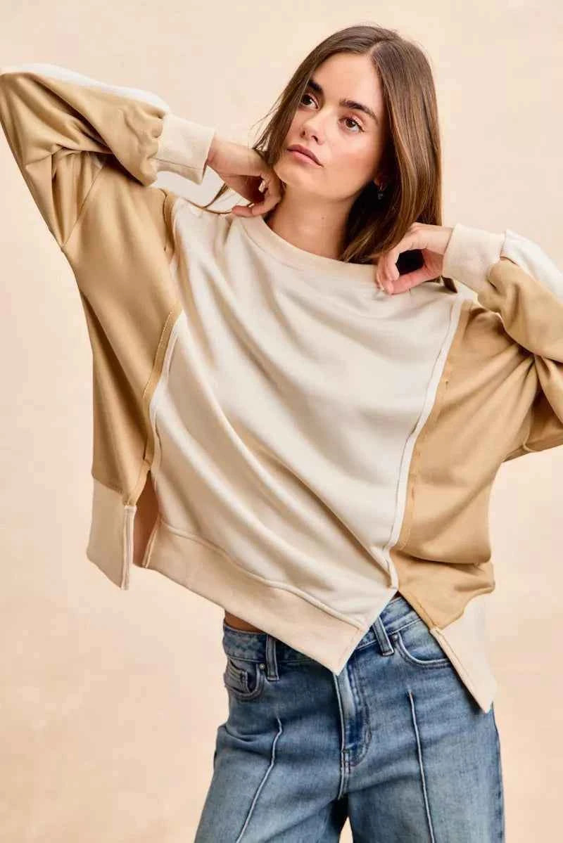 TEEK - French Terry Color Block Top With Open Seam Detail Trendsi