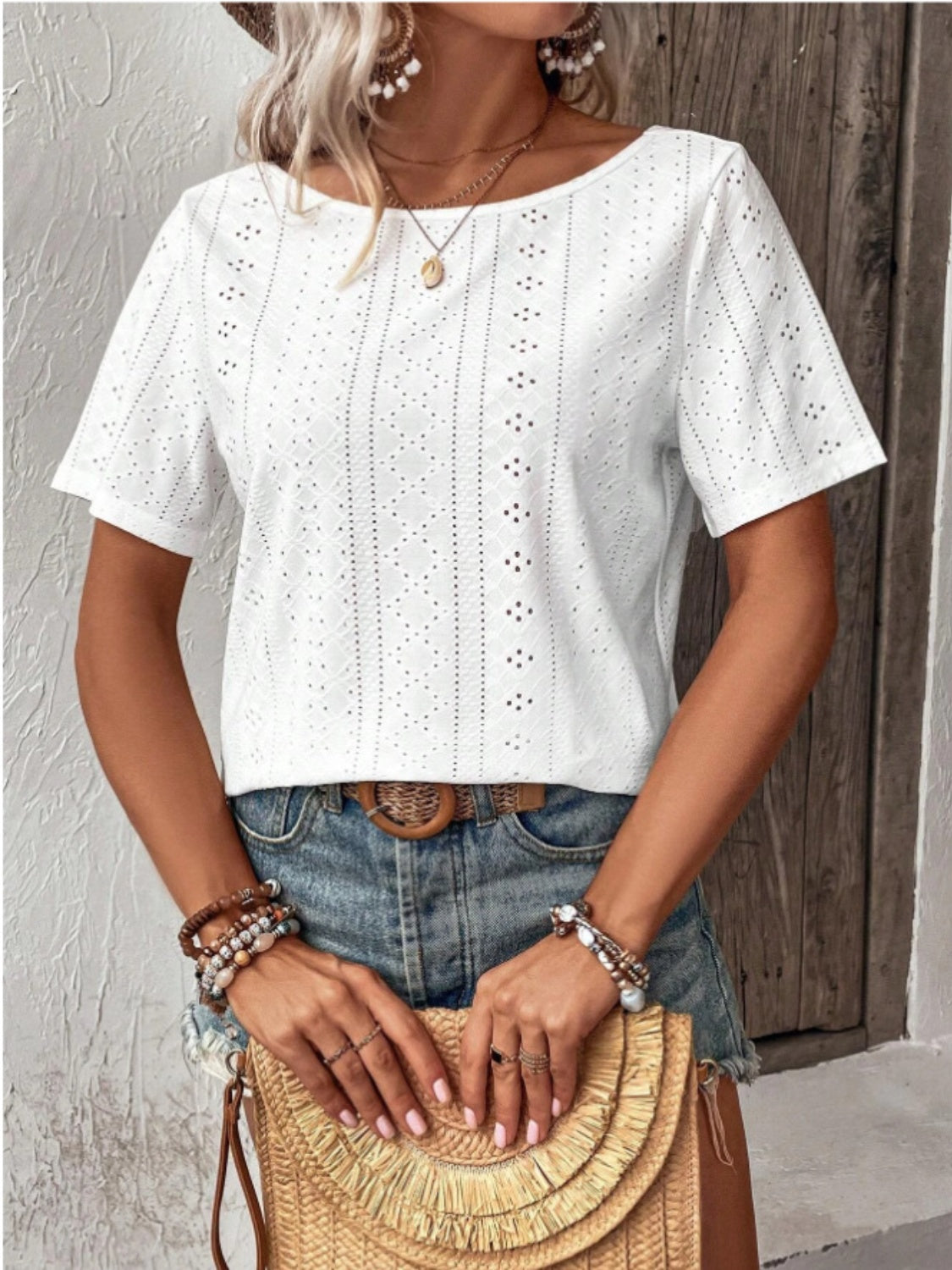 TEEK - White Lace Detail Eyelet Short Sleeve Blouse TOPS TEEK Trend   