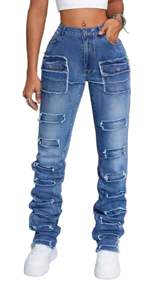 TEEK - Junior Womens Distressed Slim Fit Stacked Jeans JEANS TEEK Trend Blue XS