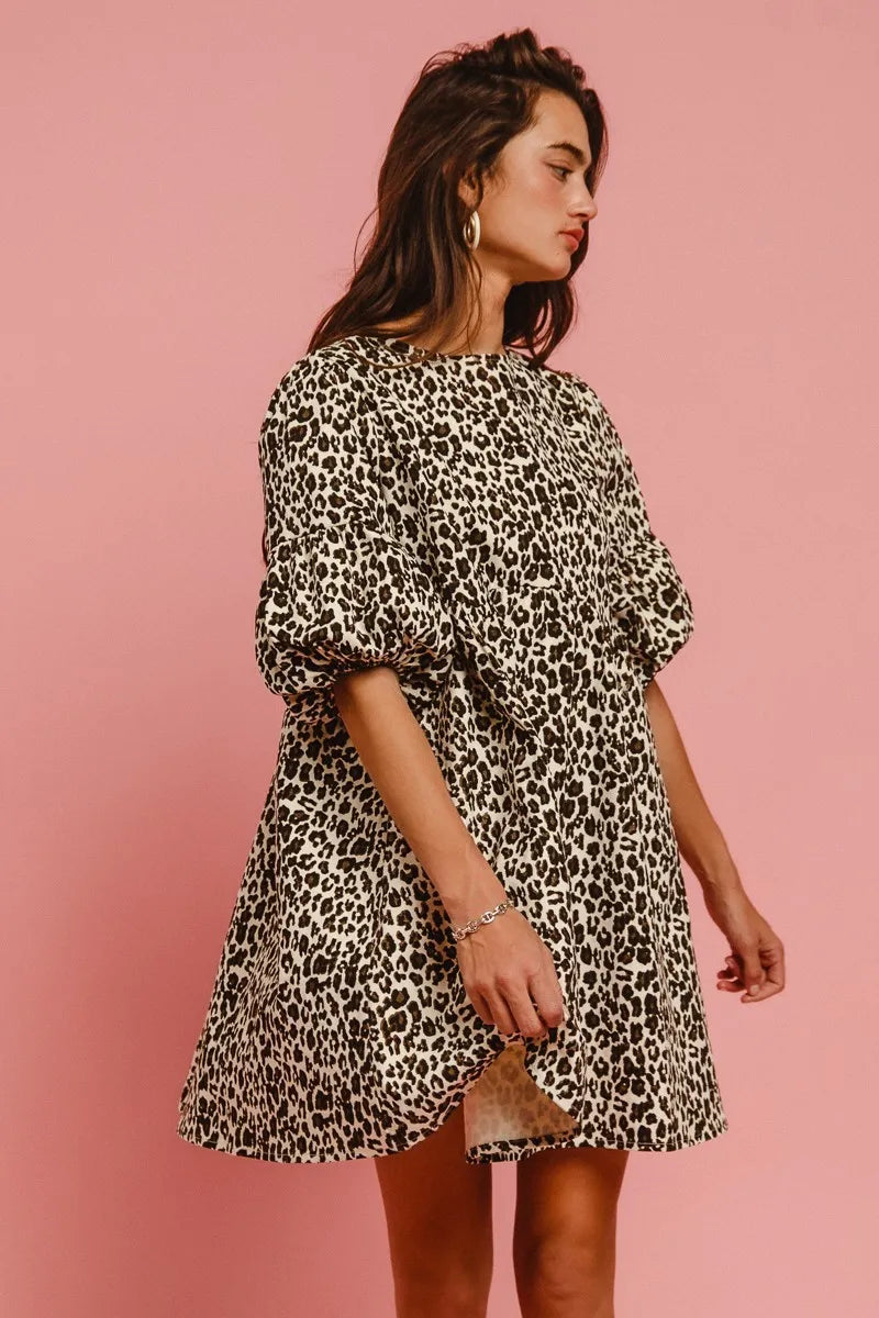 TEEK - Off White Leopard Back Contrast Tie Denim Dress DRESS TEEK Trend