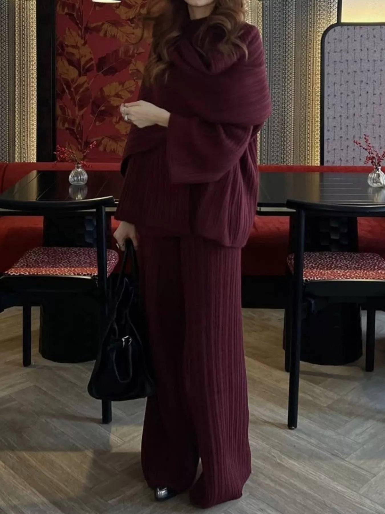 3-Piece Crew Neck Ribbed Sweater and Wide-Leg Pants Set with Scarf Trendsi