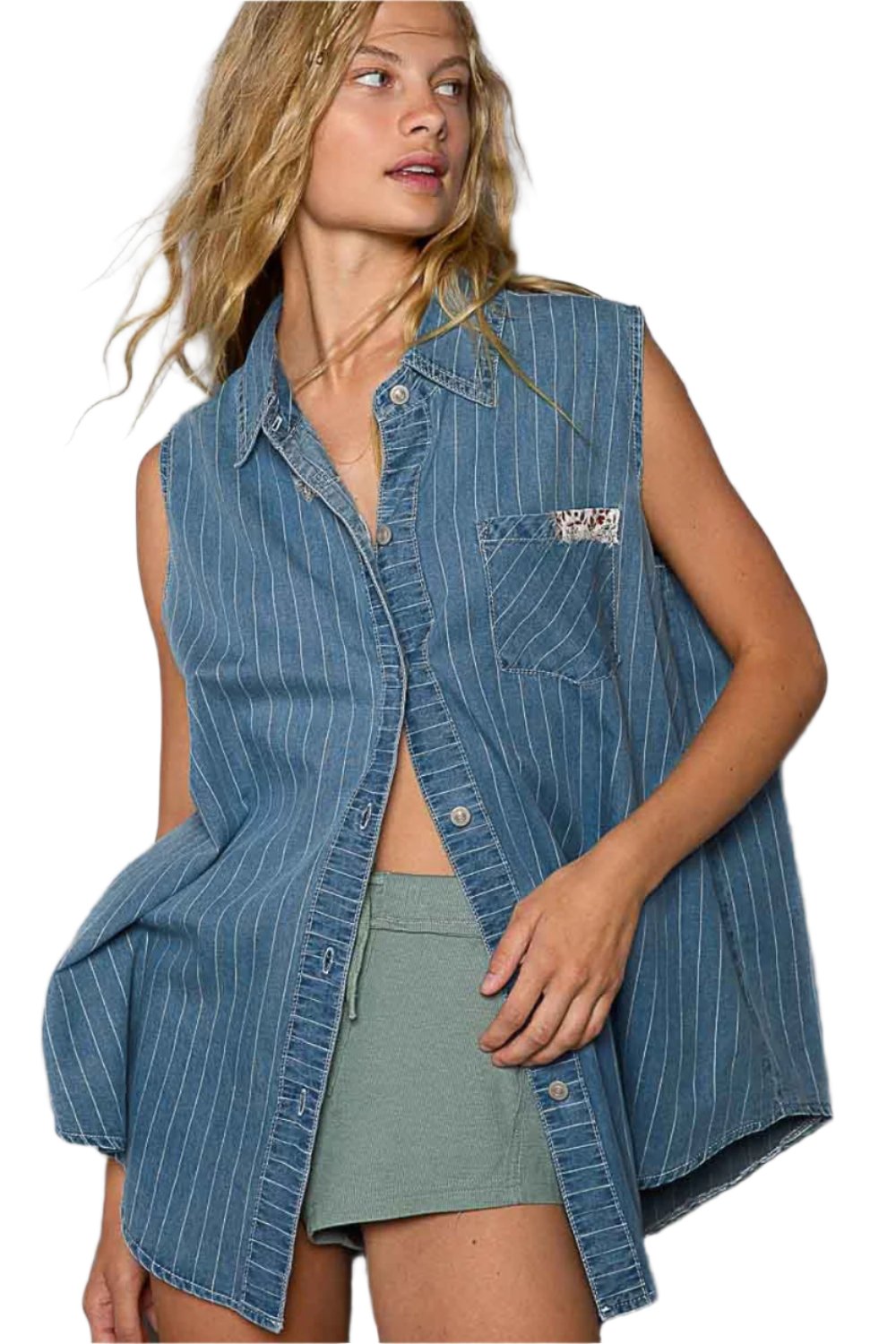 TEEK - Button Down Sleeveless Striped Denim Shirt  TEEK Trend Denim Multi S 