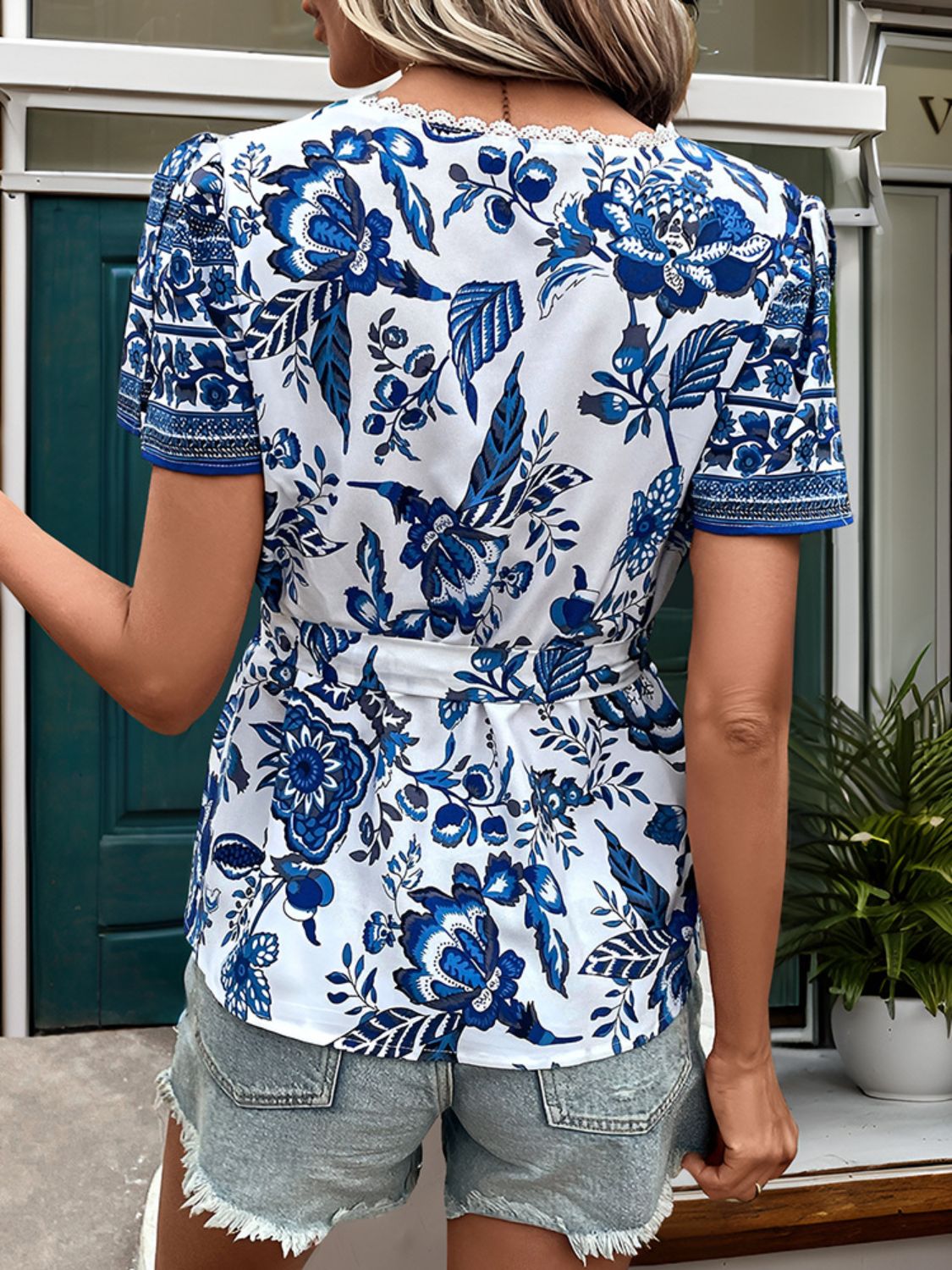 TEEK - Royal Blue Belted Printed Short Sleeve Blouse TOPS TEEK Trend   