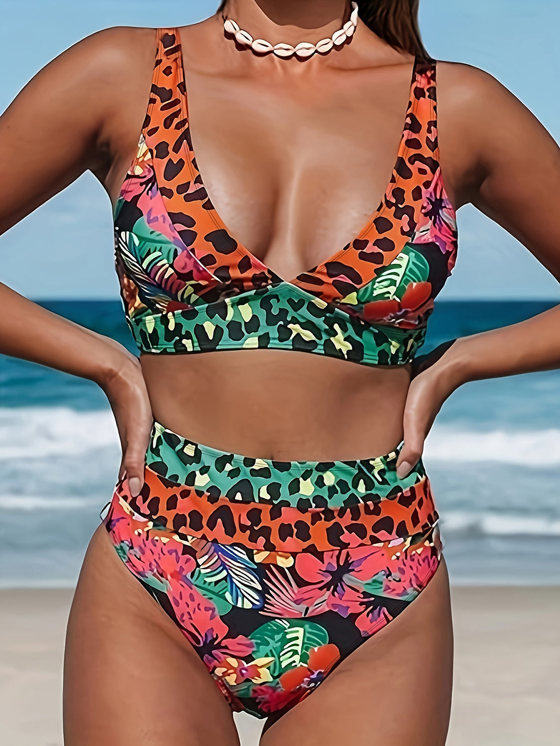 TEEK - Multicolor Leopard Plunge Wide Strap Bikini SWIMWEAR TEEK Trend   