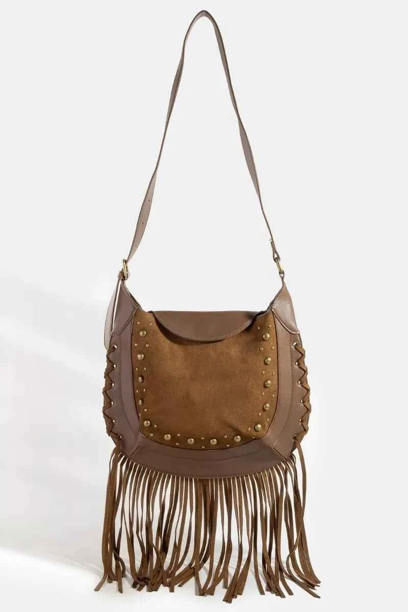 Fame Rivet Trim Suede Fringe Shoulder Bag