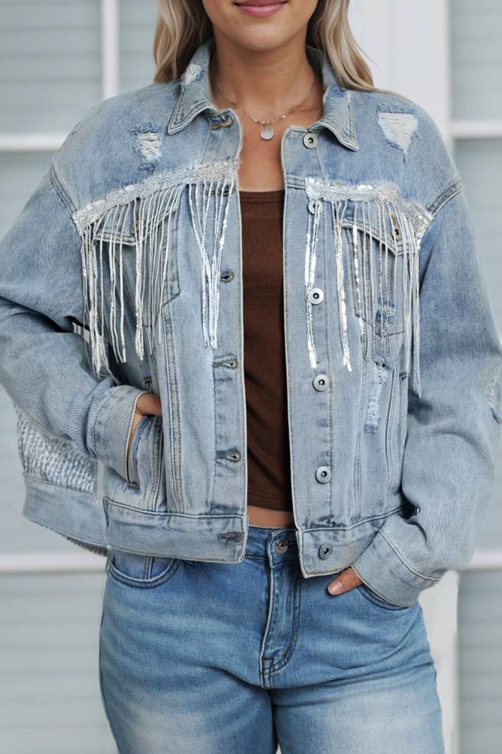 TEEK - Sequin Fringe Trim Distressed Button Up Denim Jacket JACKET TEEK Trend