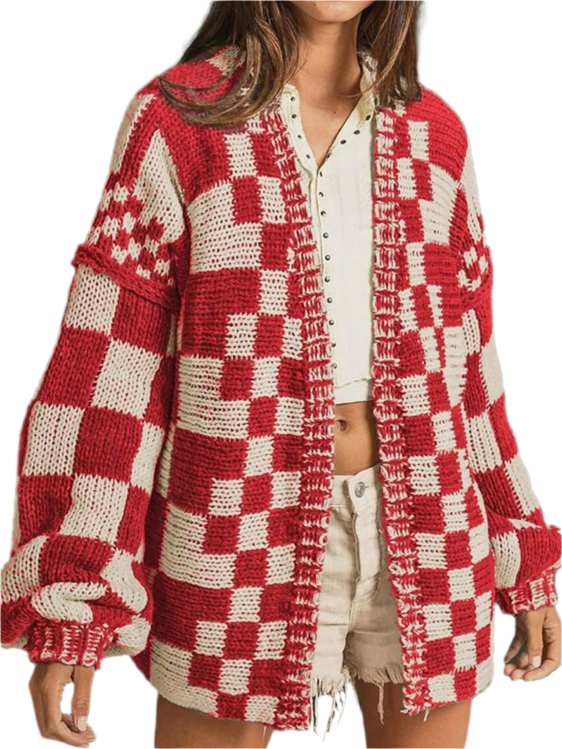 TEEK - Checkered Open Front Long Sleeve Cardigan SWEATER TEEK Trend Deep Red S