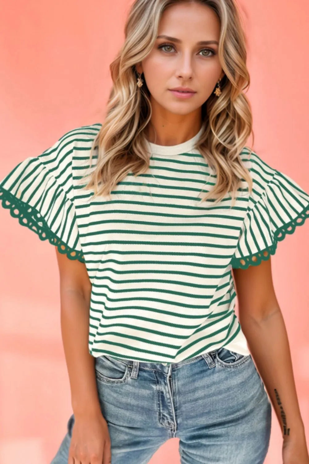 TEEK - Striped Round Neck Ruffle Sleeve Blouse JEANS TEEK Trend Dark Green S