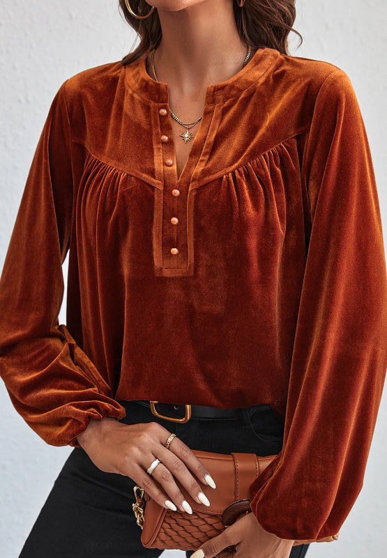 Notched Long Sleeve Velvet Top TEEK Trend