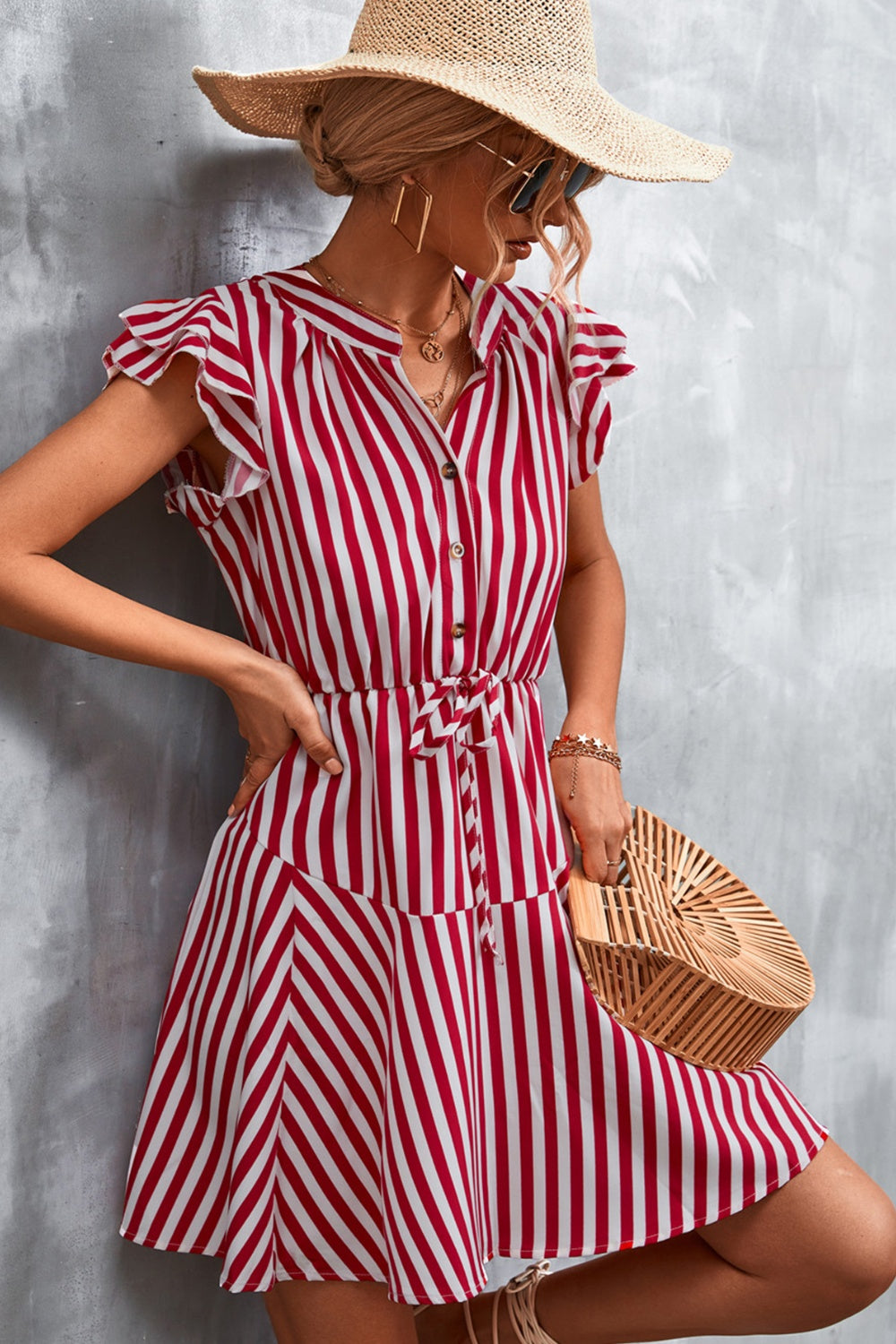 TEEK - Deep Red Ruffled Striped Cap Sleeve Dress DRESS TEEK Trend   