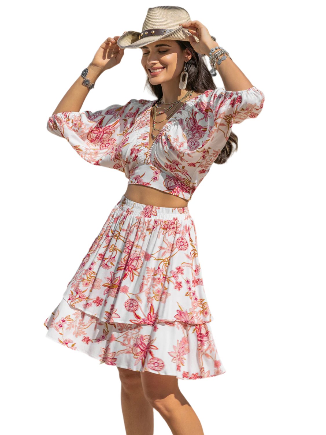 TEEK - Biush Pink Printed Half Sleeve Top Layered Skirt Set DRESS TEEK Trend S  