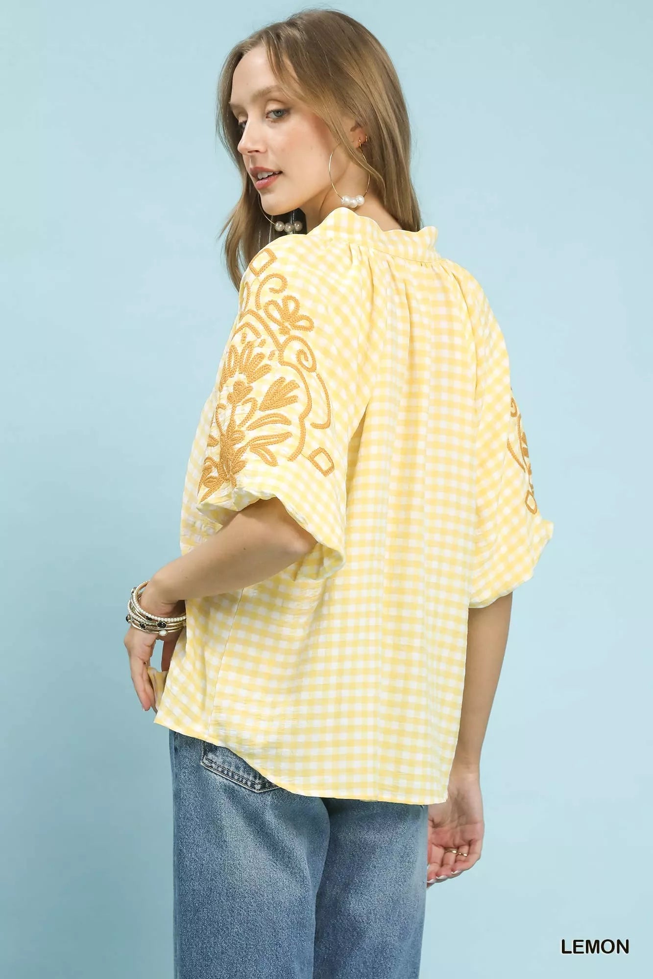 TEEK - Gingham Embroidered Balloon Sleeve Top TOPS TEEK Trend