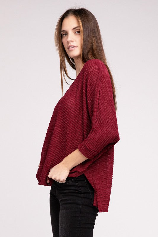 TEEK - 3/4 Sleeve V-Neck Hi-Low Hem Jacquard Sweater SWEATER TEEK FG   