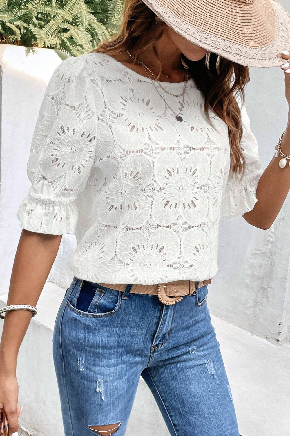 TEEK - White Floral Ruffle Flounce Sleeve Blouse TOPS TEEK Trend   