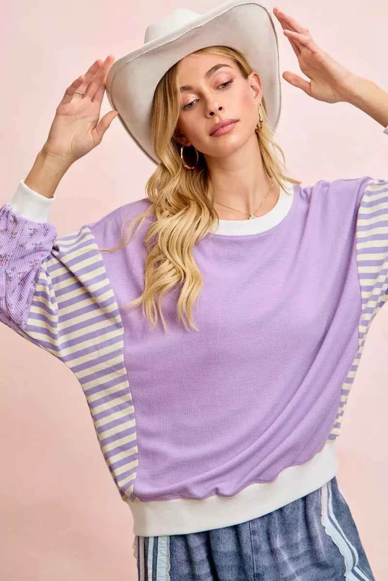 TEEK - Mix and Match Sweatshirt with Floral Sleeve Striped TOPS TEEK Trend