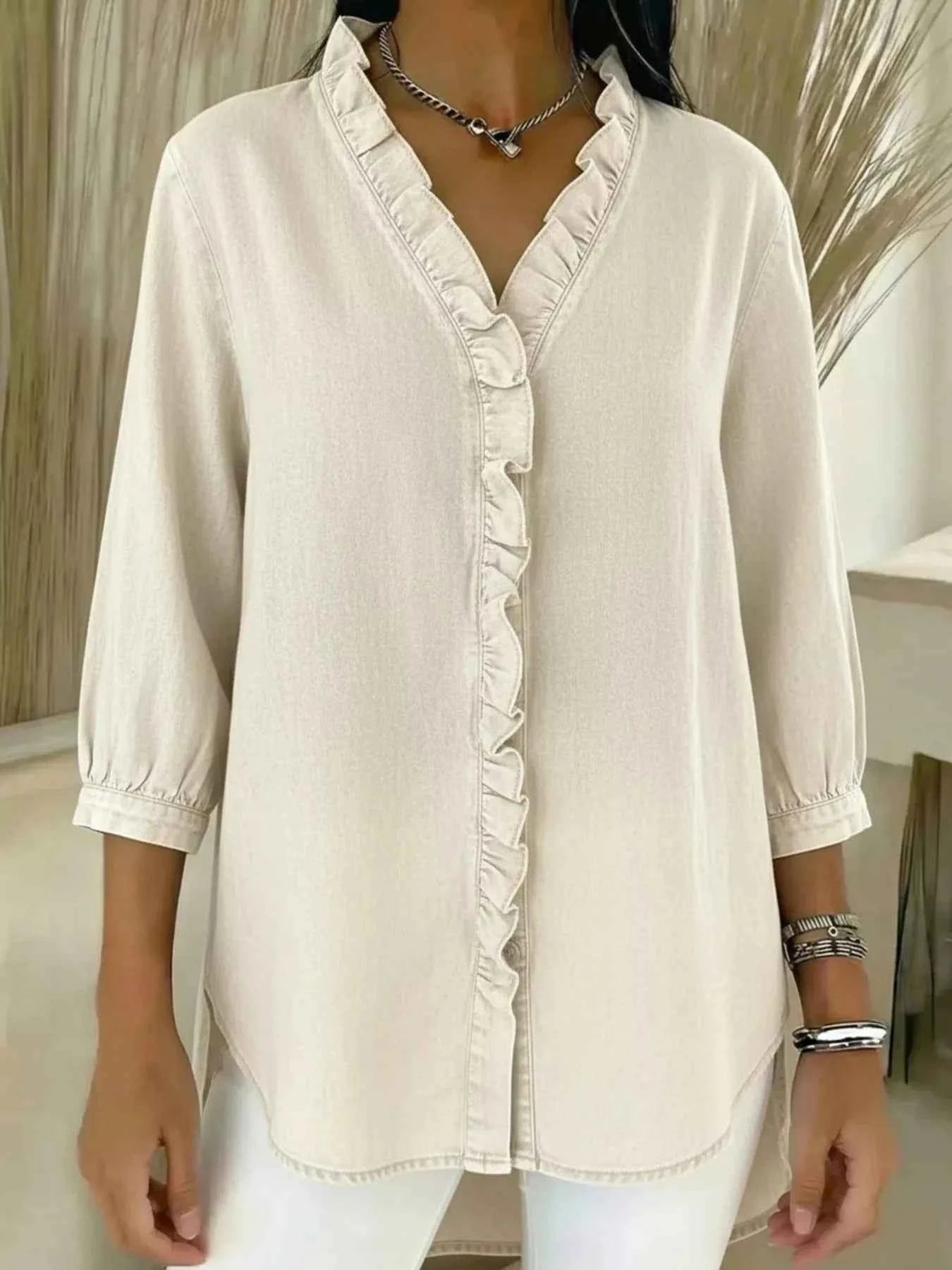 TEEK - Full Size V-Neck Ruffled Button Down Shirt Plus Size TOPS TEEK Trend Apricot S