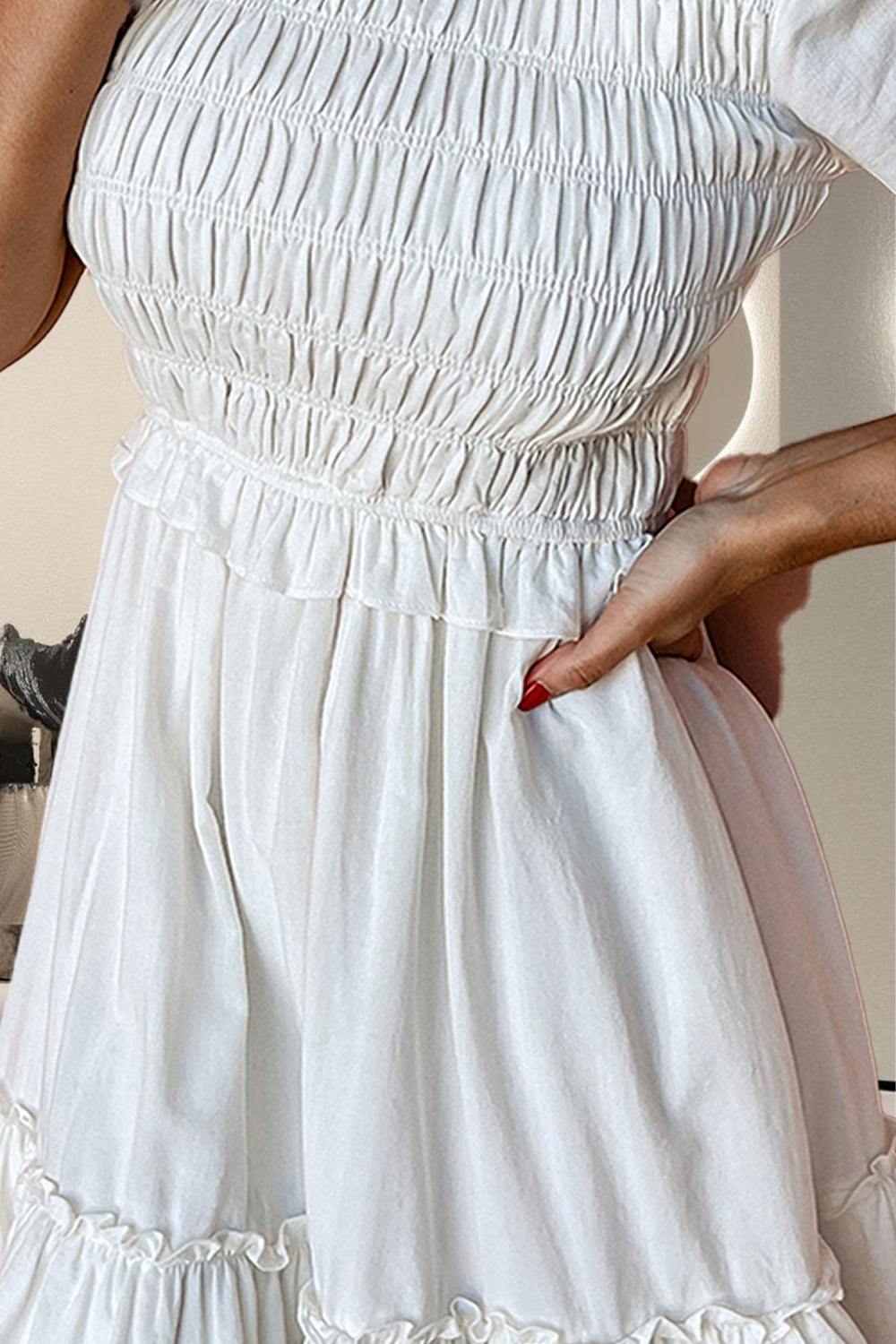 TEEK - White Frill Ruched Short Sleeve Dress DRESS TEEK Trend   
