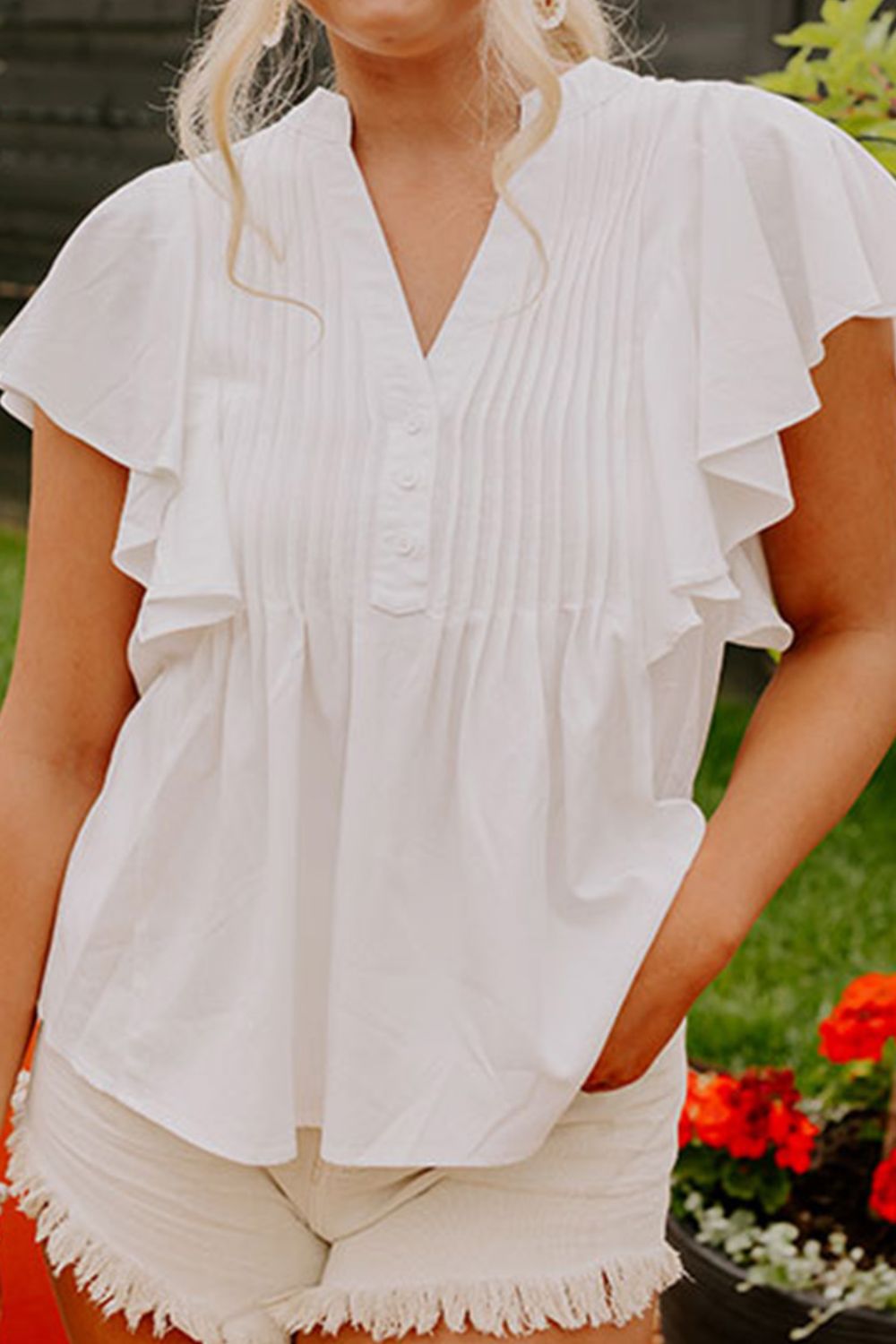 TEEK - White Pleated V-Neck Cap Sleeve Blouse TOPS TEEK Trend   