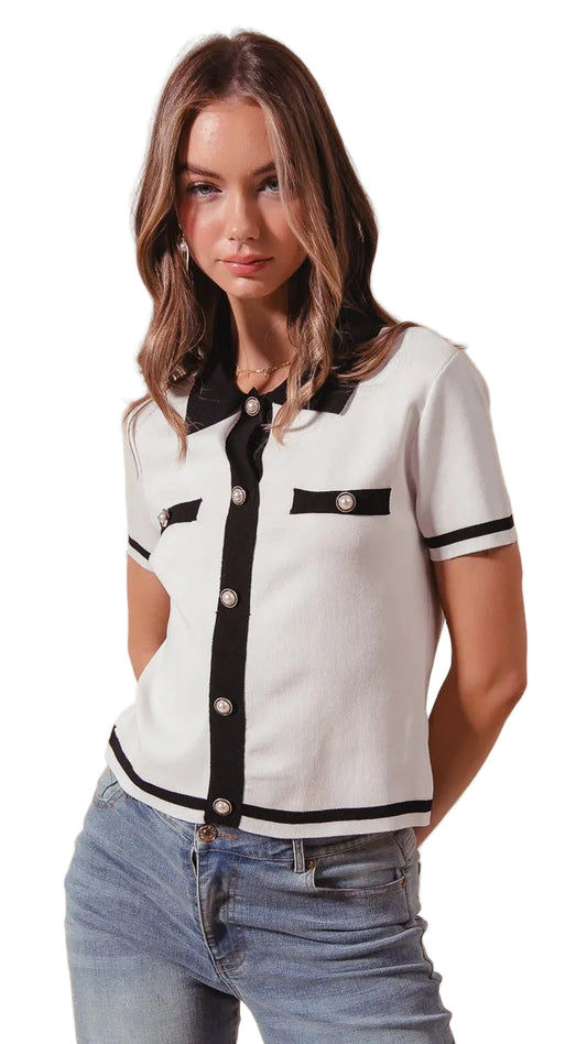 TEEK - Ivory Black Button Down Knitted Sweater Shirt Top TOPS TEEK Trend S