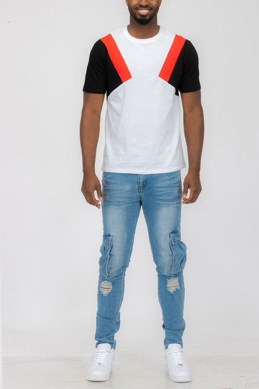 TEEK - Mens Color Block Short Sleeve Tshirt TOPS TEEK FG BLACK WHITE RED 2XL 