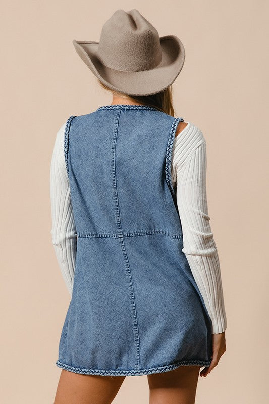 TEEK - Braided Trim Open Front Denim Vest with Pockets VEST TEEK Trend