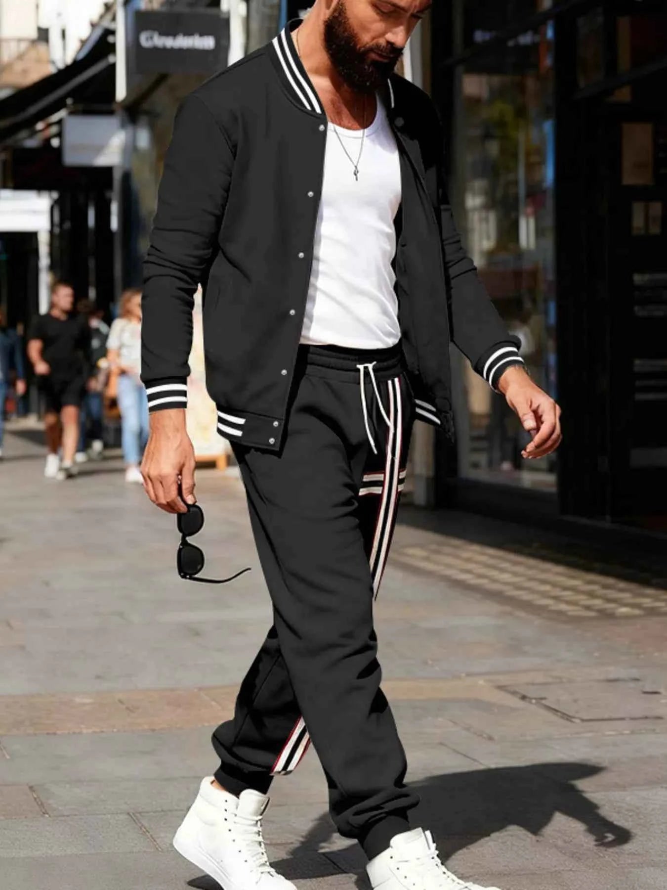 Men's Full Size Striped Long Sleeve Top and Pants Set Plus Size Trendsi