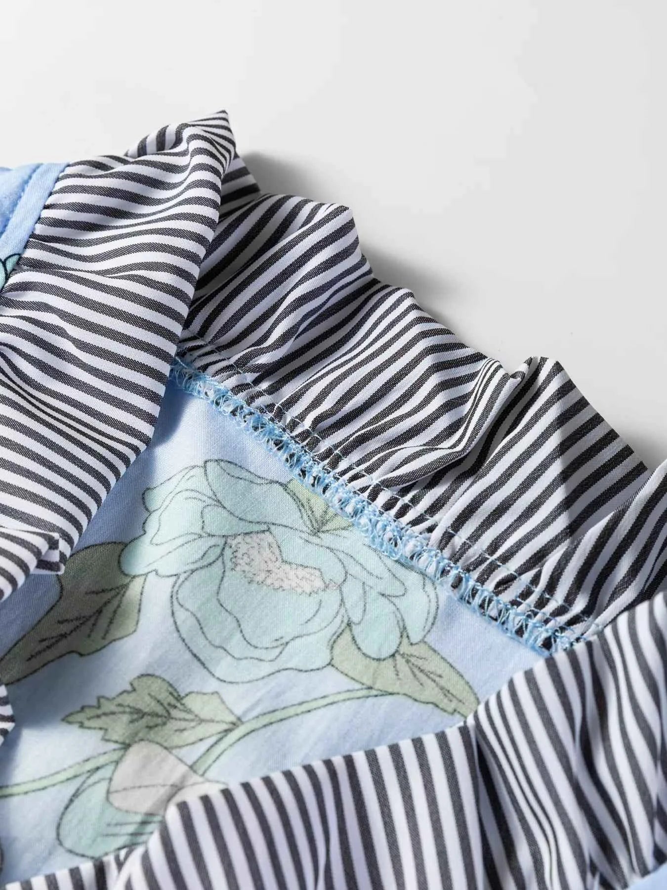 Floral Print Contrast Striped Trim Ruffled V Neck Fall Blouse Trendsi