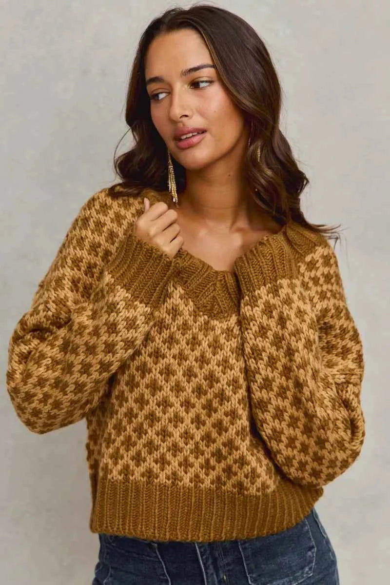 TEEK - Color Block Textured Sweater V-Neck Top TOPS TEEK Trend CARAMEL/BROWN S