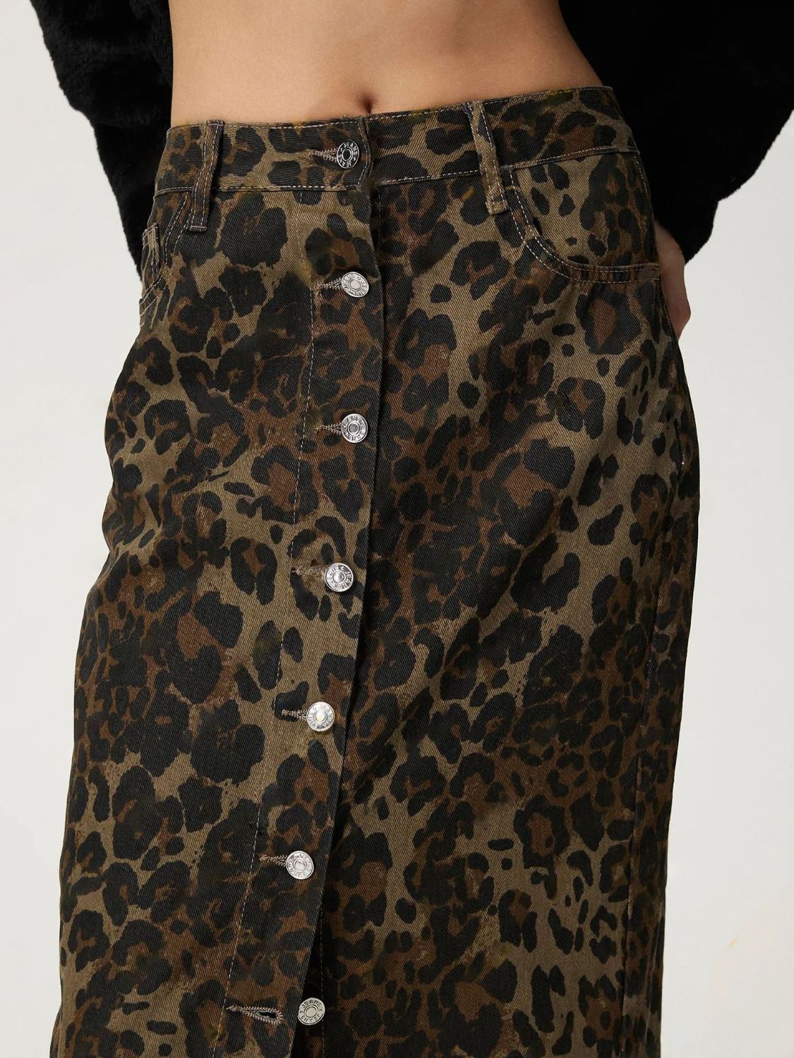 Leopard Button Up Denim Skirt TEEK Trend